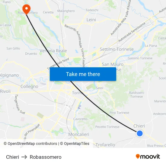 Chieri to Robassomero map