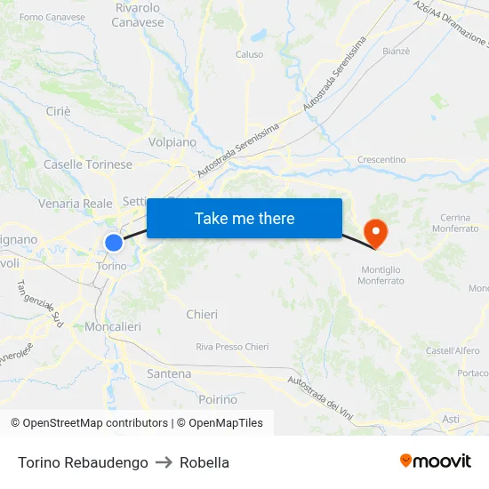 Turin Rebaudengo to Robella map