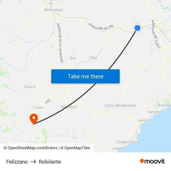 Felizzano to Robilante map