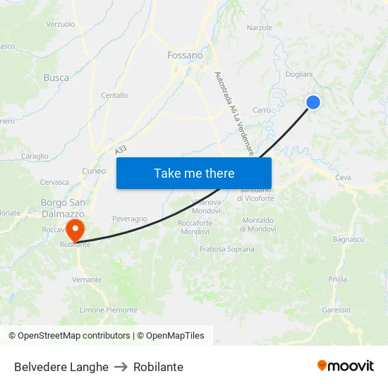 Belvedere Langhe to Robilante map