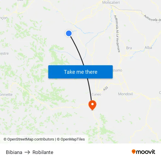 Bibiana to Robilante map
