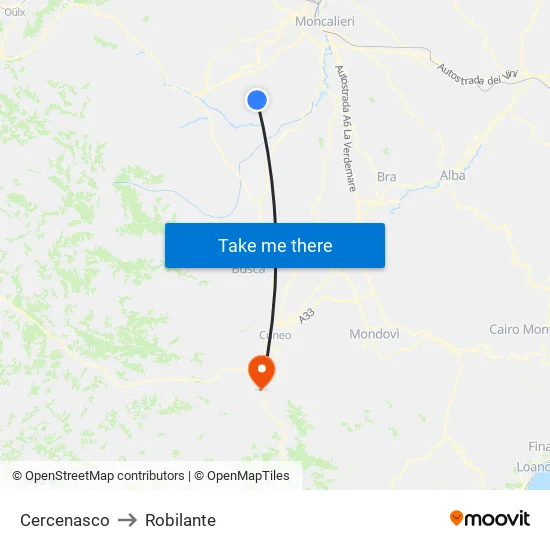 Cercenasco to Robilante map