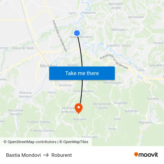 Bastia Mondovì to Roburent map