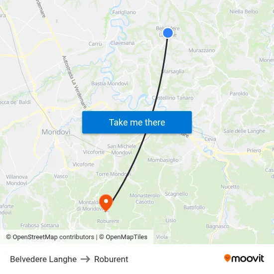 Belvedere Langhe to Roburent map