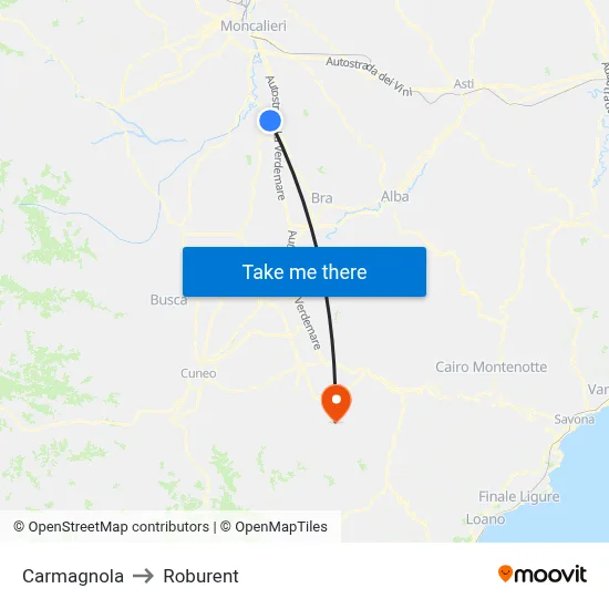 Carmagnola to Roburent map