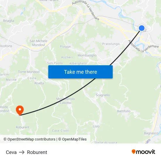 Ceva to Roburent map