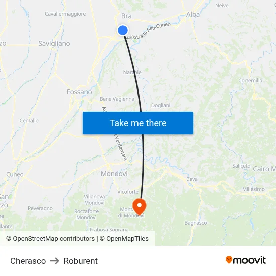 Cherasco to Roburent map