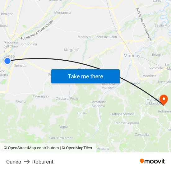 Cuneo to Roburent map