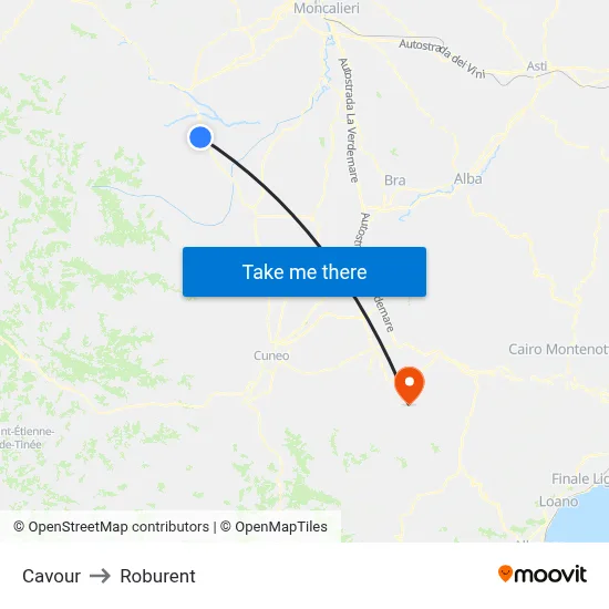 Cavour to Roburent map