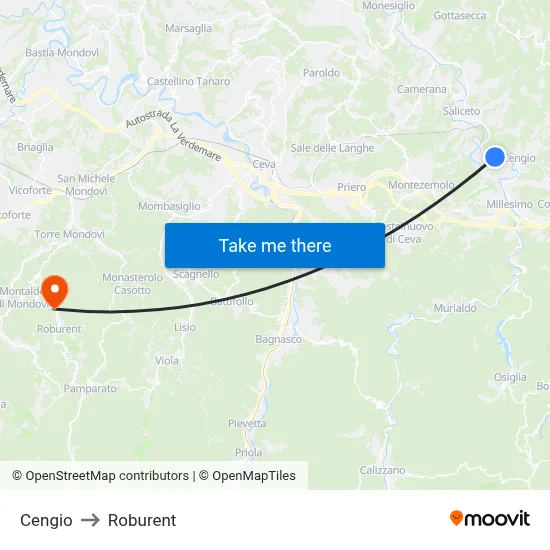 Cengio to Roburent map