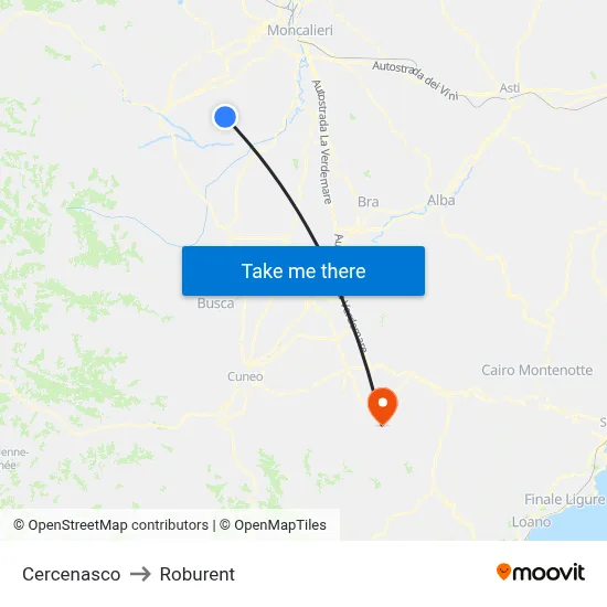 Cercenasco to Roburent map