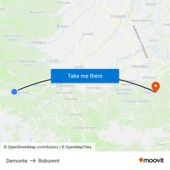 Demonte to Roburent map