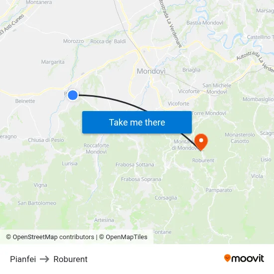 Pianfei to Roburent map