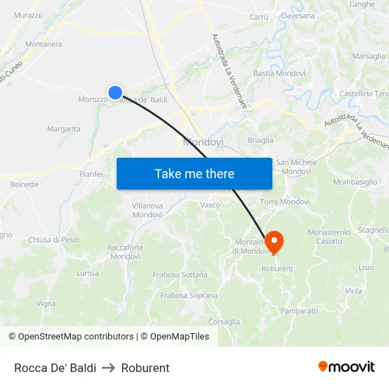 Rocca De' Baldi to Roburent map