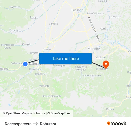 Roccasparvera to Roburent map