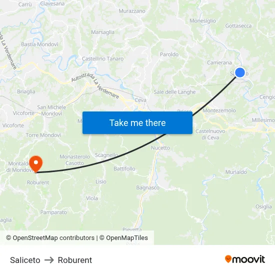 Saliceto to Roburent map