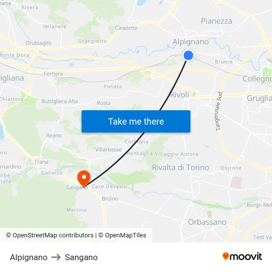 Alpignano to Sangano map