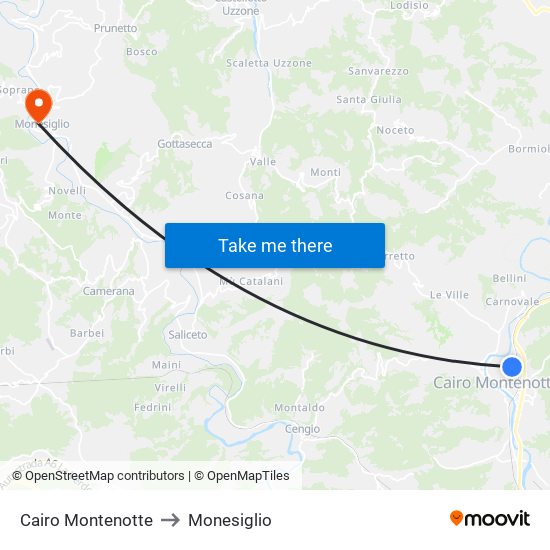 Cairo Montenotte to Monesiglio map