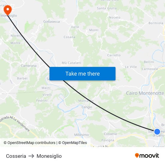 Cosseria to Monesiglio map