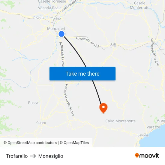 Trofarello to Monesiglio map