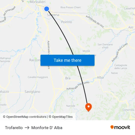 Trofarello to Monforte D' Alba map