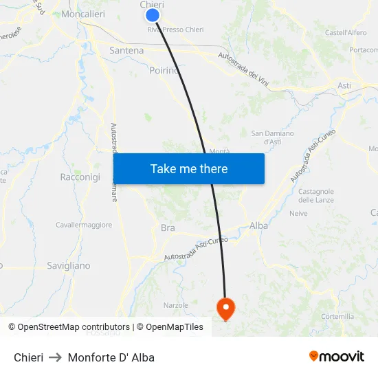 Chieri to Monforte D' Alba map