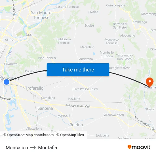 Moncalieri to Montafia map