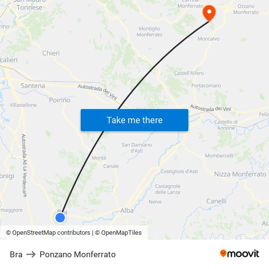 Bra to Ponzano Monferrato map