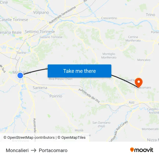 Moncalieri to Portacomaro map