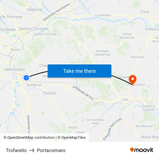 Trofarello to Portacomaro map