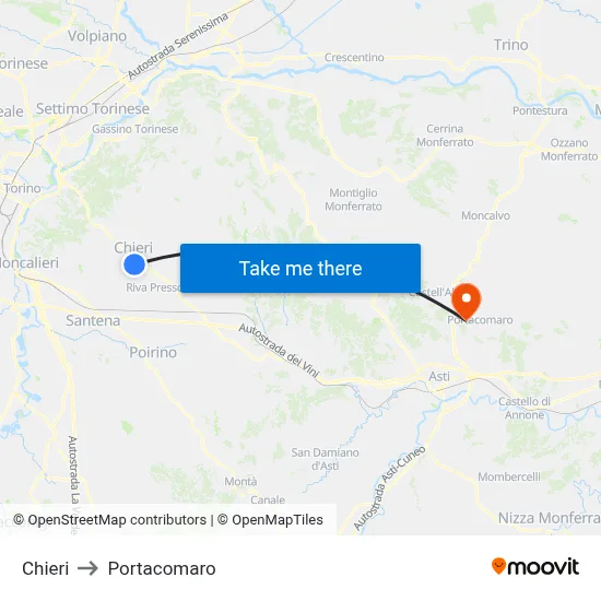 Chieri to Portacomaro map