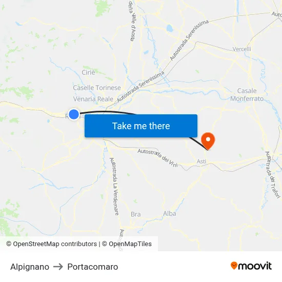 Alpignano to Portacomaro map