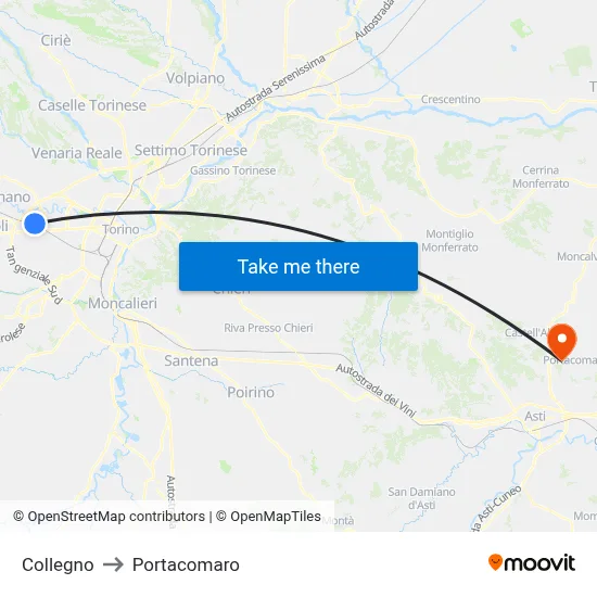 Collegno to Portacomaro map