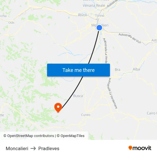 Moncalieri to Pradleves map