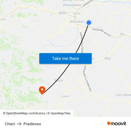 Chieri to Pradleves map