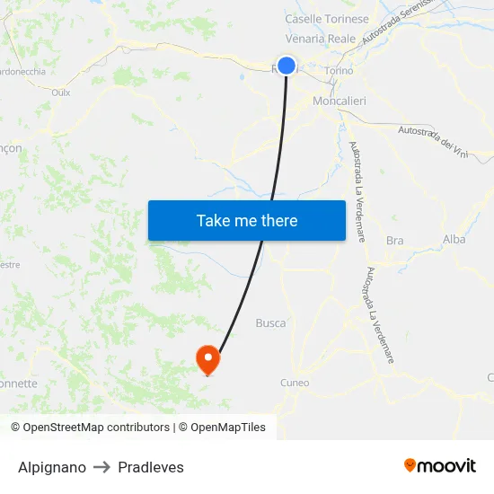 Alpignano to Pradleves map