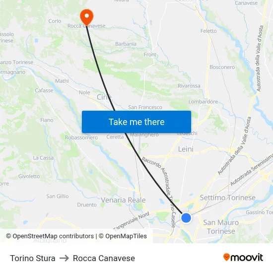Turin Stura to Rocca Canavese map