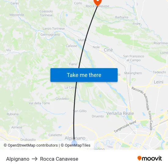 Alpignano to Rocca Canavese map