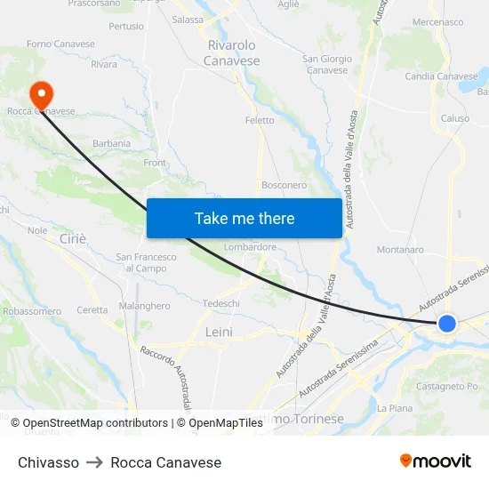 Chivasso to Rocca Canavese map