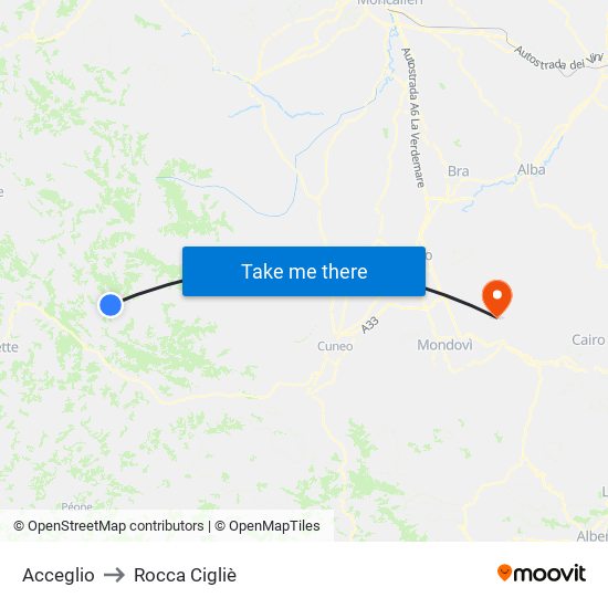 Acceglio to Rocca Cigliè map