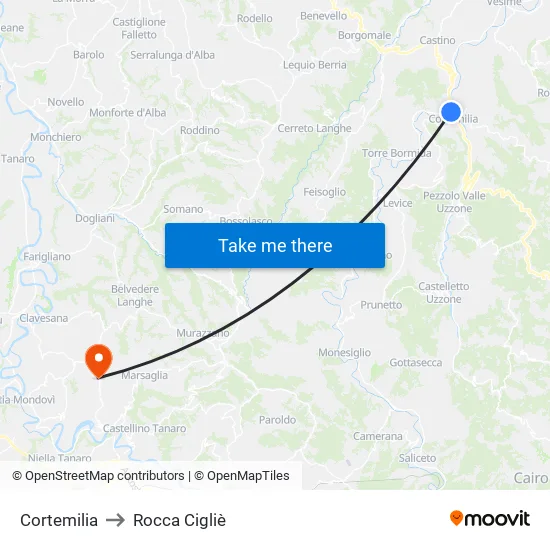 Cortemilia to Rocca Cigliè map
