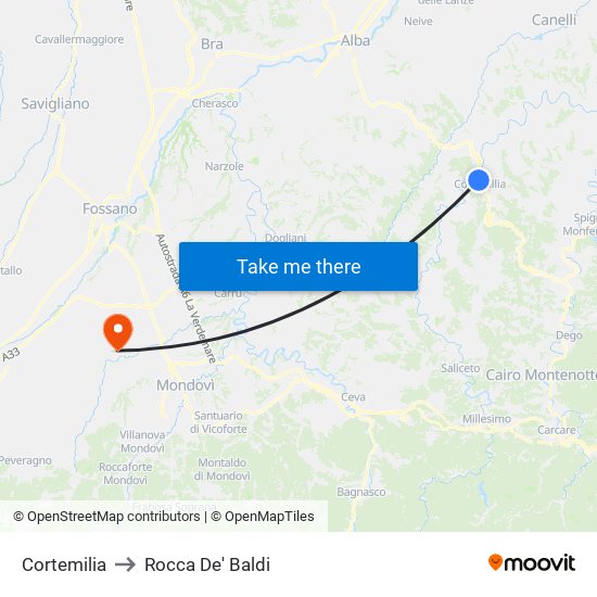 Cortemilia to Rocca De' Baldi map