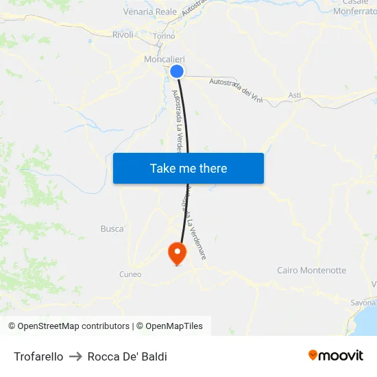 Trofarello to Rocca De' Baldi map