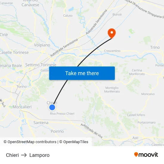 Chieri to Lamporo map