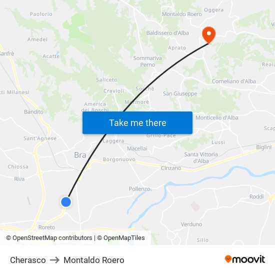 Cherasco to Montaldo Roero map