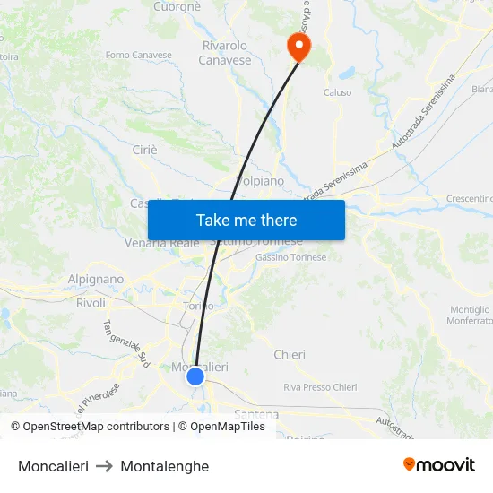 Moncalieri to Montalenghe map