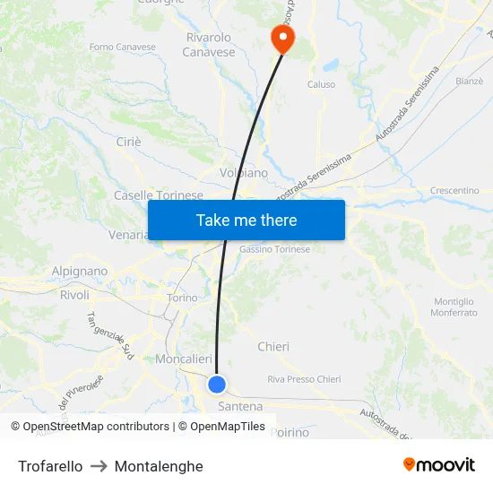 Trofarello to Montalenghe map