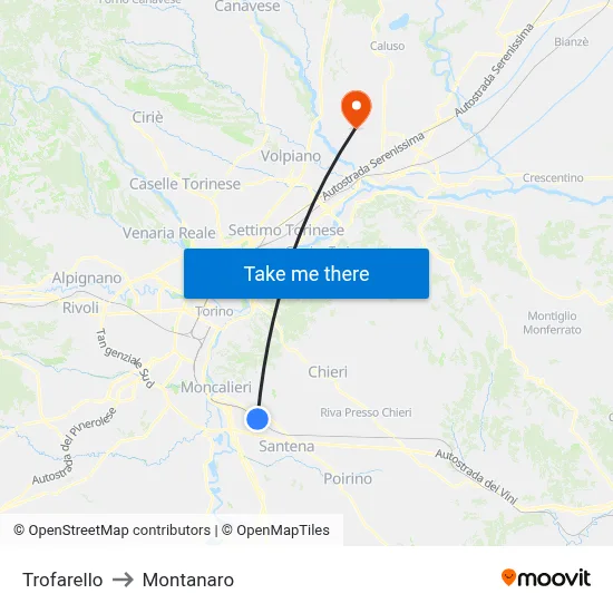 Trofarello to Montanaro map