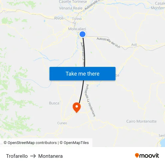 Trofarello to Montanera map