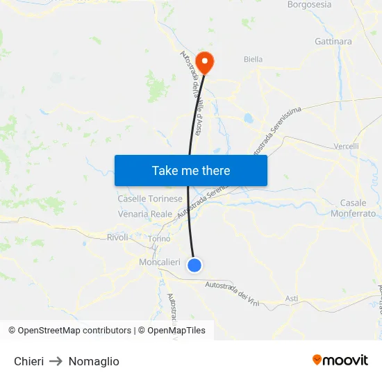 Chieri to Nomaglio map